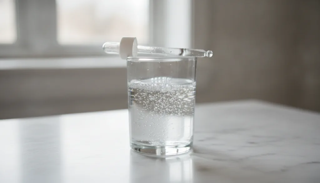 A small glass with diluted hydrogen peroxide and a dropper ready for use
