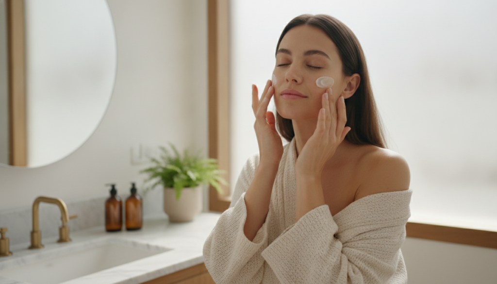 A woman gently massaging the DIY cream onto her cheek with a soft focus emphasizing smooth skin