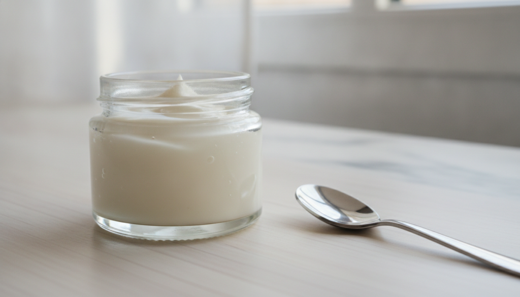 A small clear glass jar filled with the freshly mixed Vaseline and baby oil cream with a small spoon resting next to it