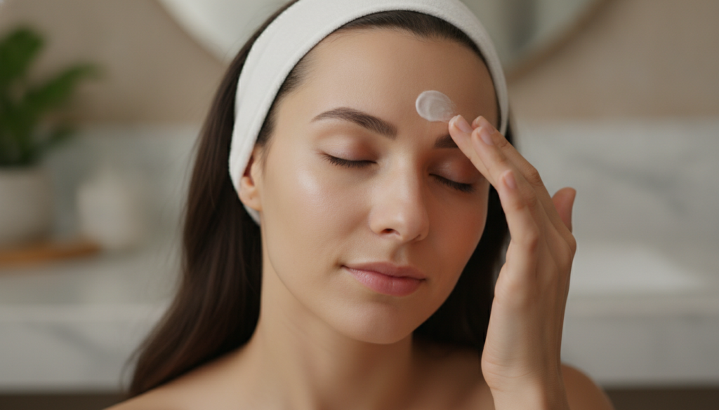 A woman gently massaging a small amount of cream onto her face focusing on her forehead and eye area with a soft glowing