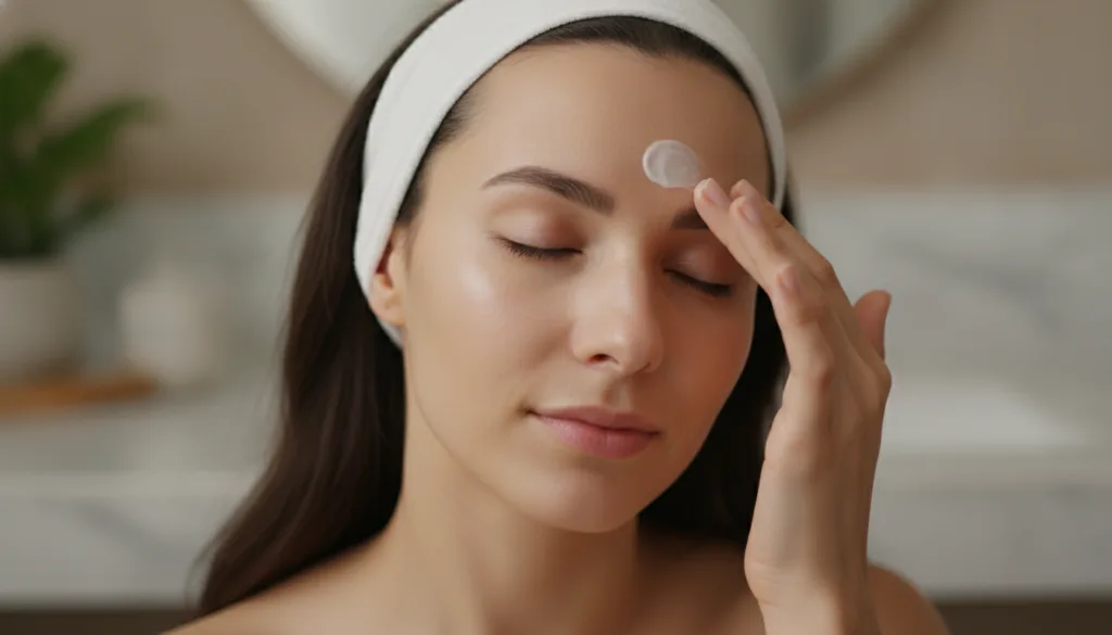 A woman gently massaging a small amount of cream onto her face focusing on her forehead and eye area with a soft glowing