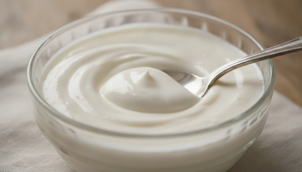 A close-up of a small glass bowl containing a newly mixed glossy white cream made from Vaseline baby oil and Vitamin E w