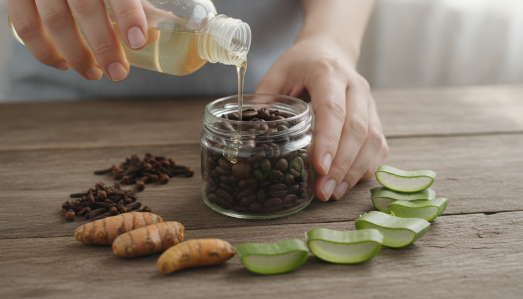 A person s hands pouring baby oil over coffee beans in a glass jar demonstrating the DIY infusion process The background