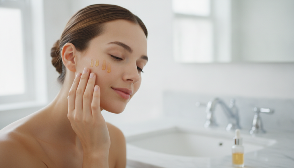 A woman gently applying a few drops of facial oil onto her cheek with her fingertips her skin looking soft and hydrated