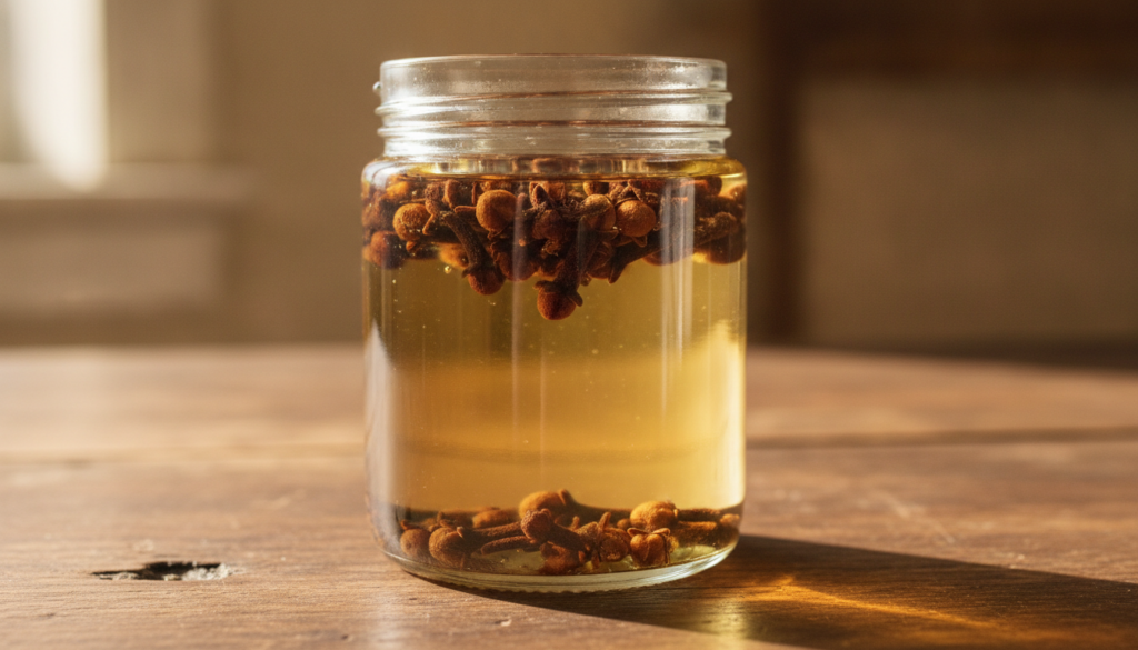 A close-up of dried cloves infusing in a clear glass jar filled with carrier oil placed on a wooden surface in a softly