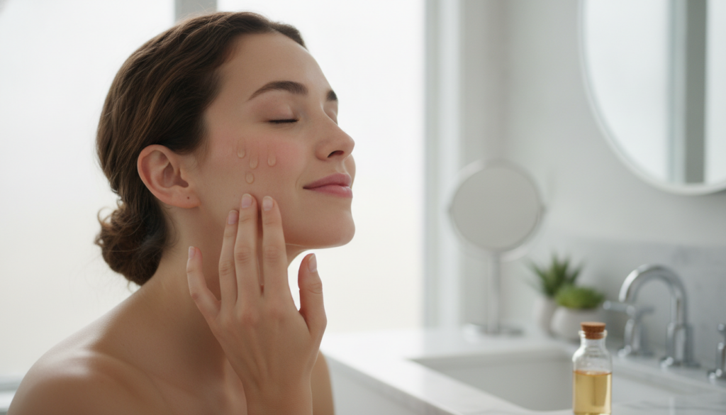 A woman gently applying a few drops of a liquid elixir to her face with a soft glow to her skin in a bathroom setting
