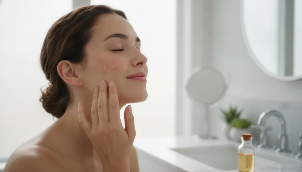 A woman gently applying a few drops of a liquid elixir to her face with a soft glow to her skin in a bathroom setting