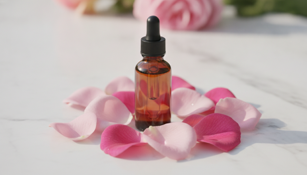 Close-up of a dropper bottle filled with a light pink liquid next to fresh rose petals suggesting a finished rosewater e