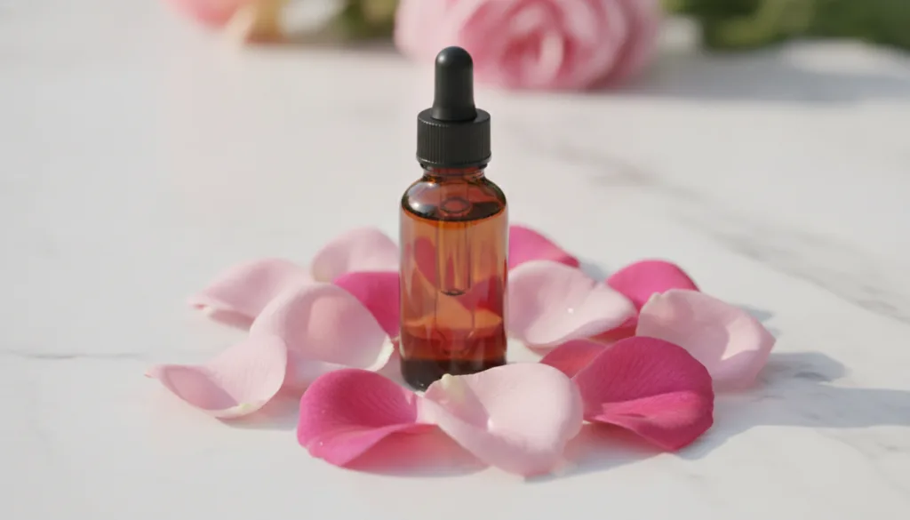 Close-up of a dropper bottle filled with a light pink liquid next to fresh rose petals suggesting a finished rosewater e