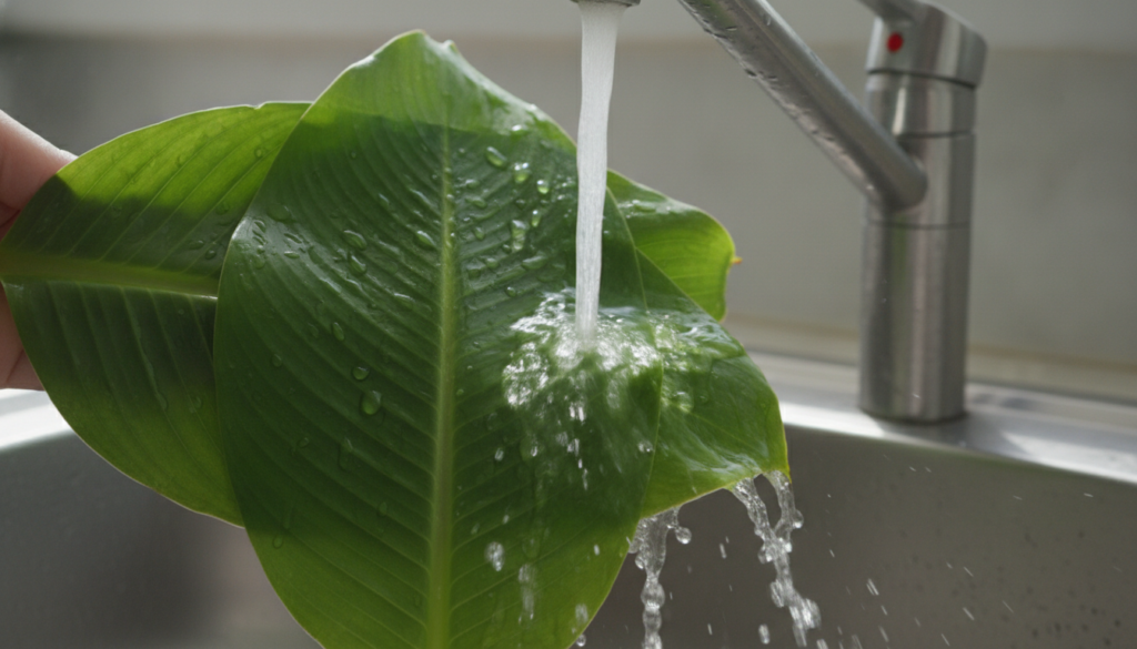 A close-up of fresh plantain leaves being gently rinsed under running water in a kitchen sink showing healthy green leav