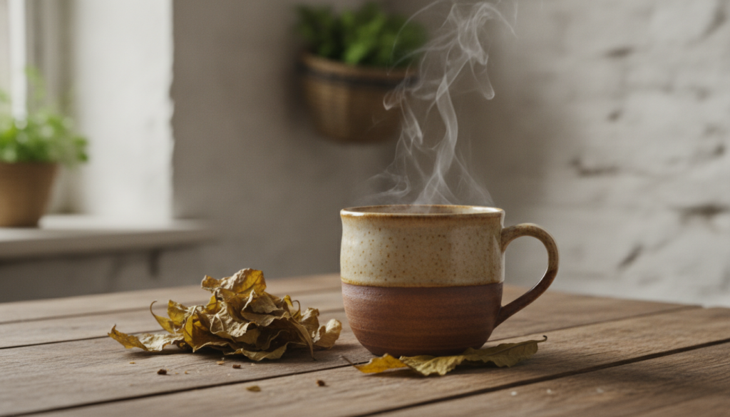 A steaming mug of plantain tea freshly strained with a few dried plantain leaves scattered on a wooden surface next to i