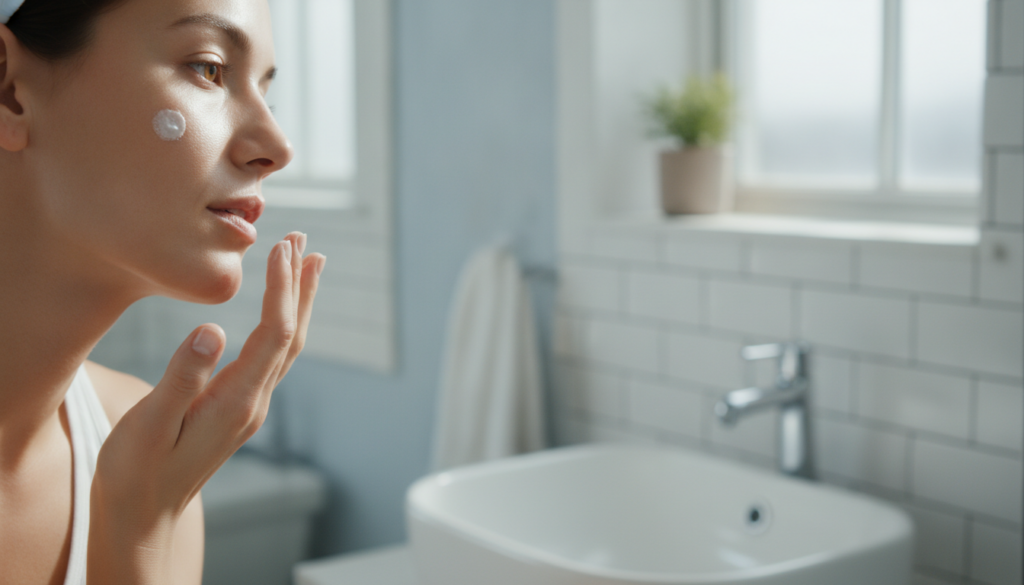 A woman with clean skin gently applying a small amount of the white Vaseline and baking soda paste to her cheek with her