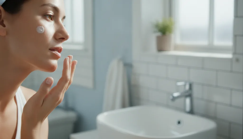 A woman with clean skin gently applying a small amount of the white Vaseline and baking soda paste to her cheek with her