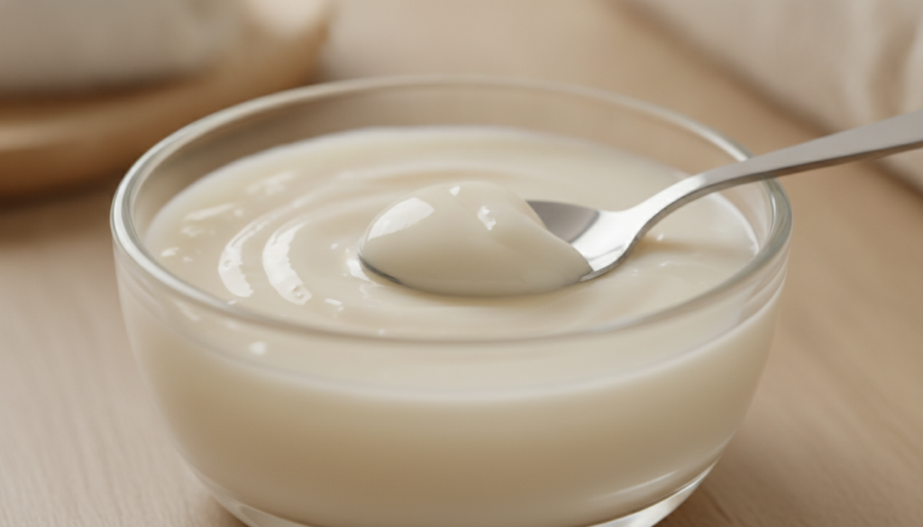 A small glass bowl containing a freshly mixed creamy white paste of Vaseline and baking soda with a spoon resting in it 