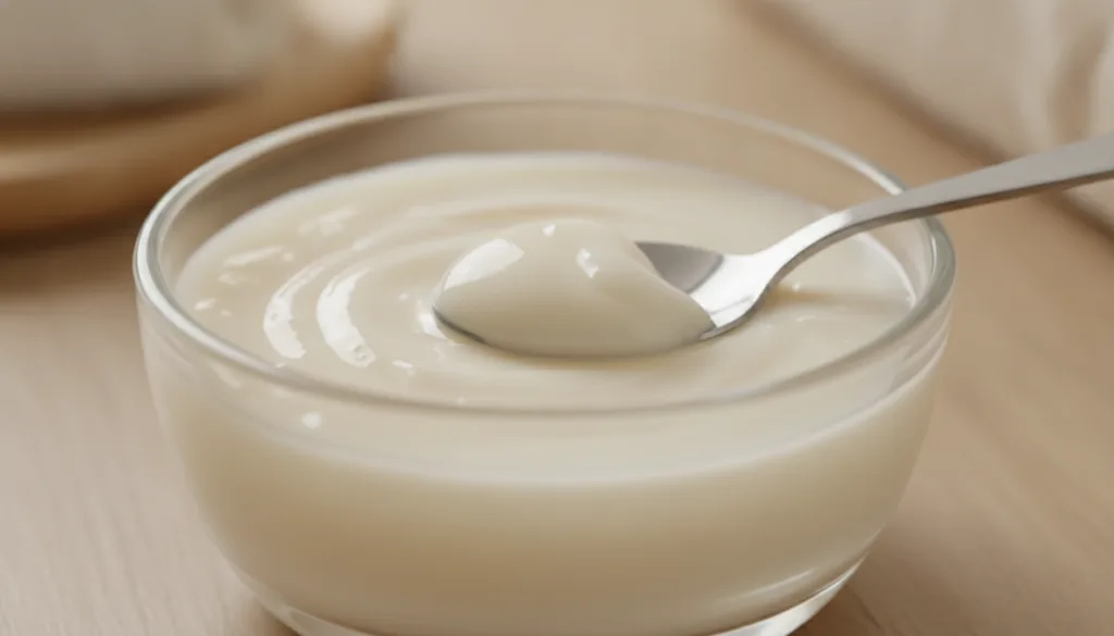 A small glass bowl containing a freshly mixed creamy white paste of Vaseline and baking soda with a spoon resting in it 