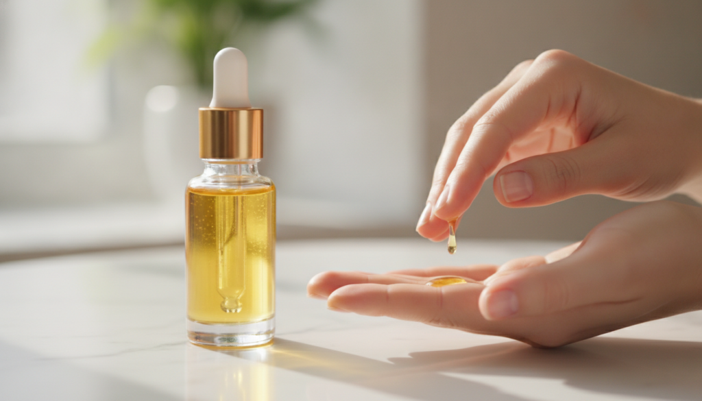 A small elegant dropper bottle filled with the golden-hued Botox Oil placed on a smooth clean surface with a few drops d
