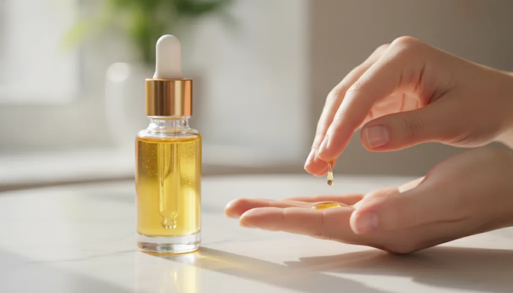 A small elegant dropper bottle filled with the golden-hued Botox Oil placed on a smooth clean surface with a few drops d