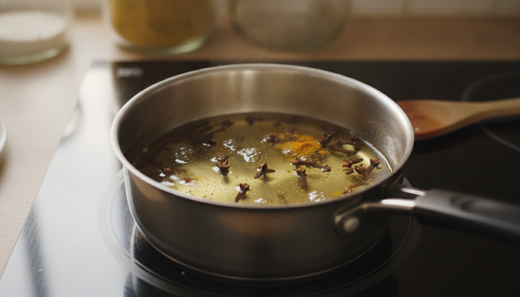 A close-up shot of a small saucepan on a stovetop gently warming baby oil with whole cloves and turmeric powder The oil 
