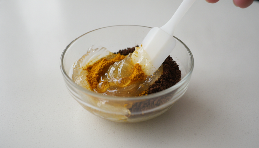 A close-up of a small glass bowl where Vaseline turmeric powder coffee grounds and Vitamin E oil are being mixed togethe