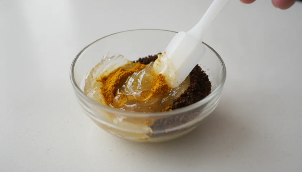 A close-up of a small glass bowl where Vaseline turmeric powder coffee grounds and Vitamin E oil are being mixed togethe