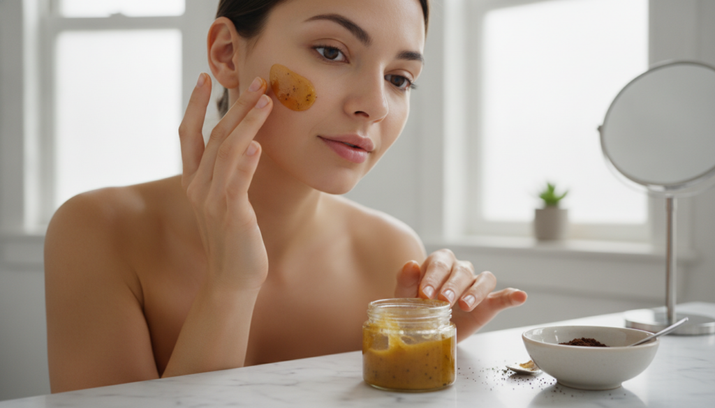 A woman gently applying a small amount of the DIY Vaseline turmeric coffee balm to her clean face with her fingertips