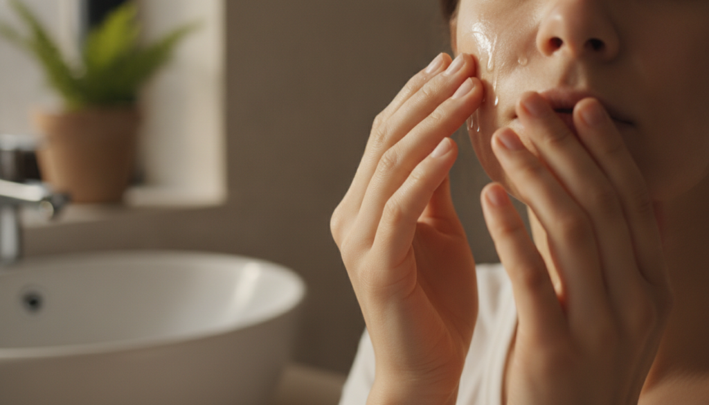 Close-up of a person gently applying a few drops of natural oil or serum to their clean face using their fingertips illu