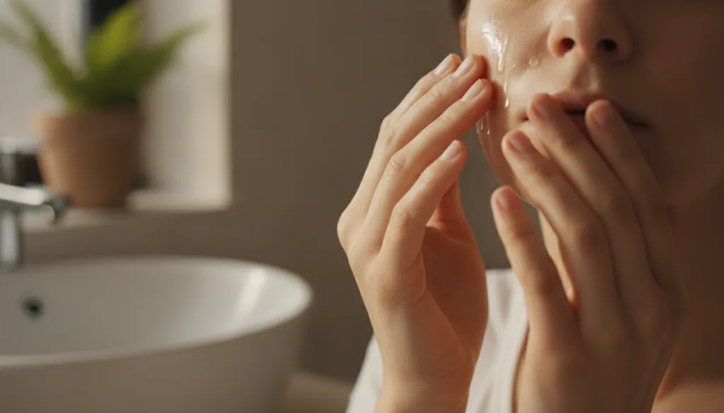 Close-up of a person gently applying a few drops of natural oil or serum to their clean face using their fingertips illu