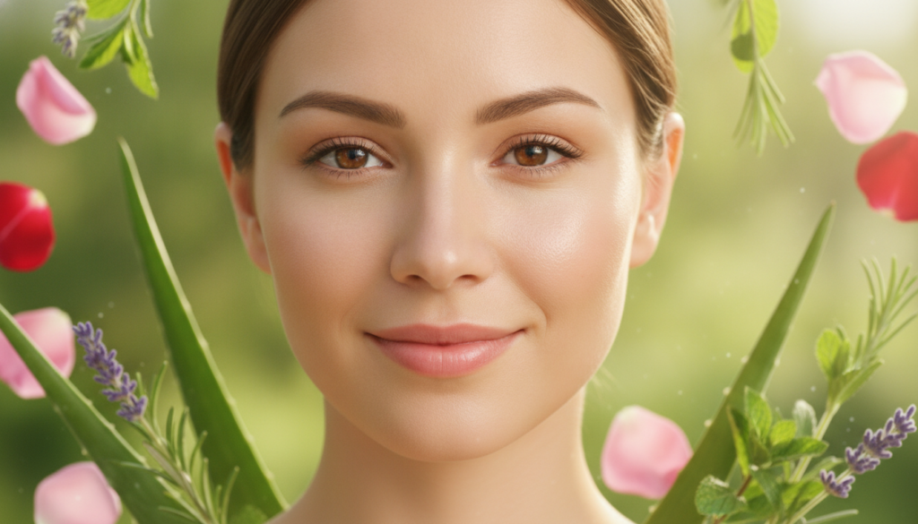A woman with glowing clear skin smiling gently surrounded by various natural ingredients like rose petals aloe vera and 