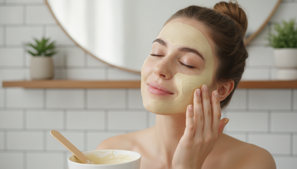 A woman with a serene expression gently applying a light yellow paste-like face mask to her cheek with her fingertips He