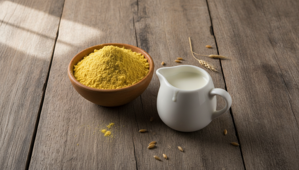 Close-up shot of two small bowls on a rustic wooden table One bowl contains yellow gram flour powder and next to it is a