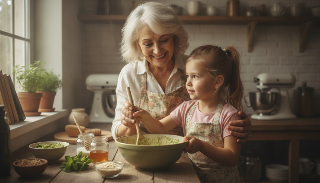 A smiling grandmother and granddaughter in a cozy kitchen mixing ingredients in a bowl for a homemade face mask The gran