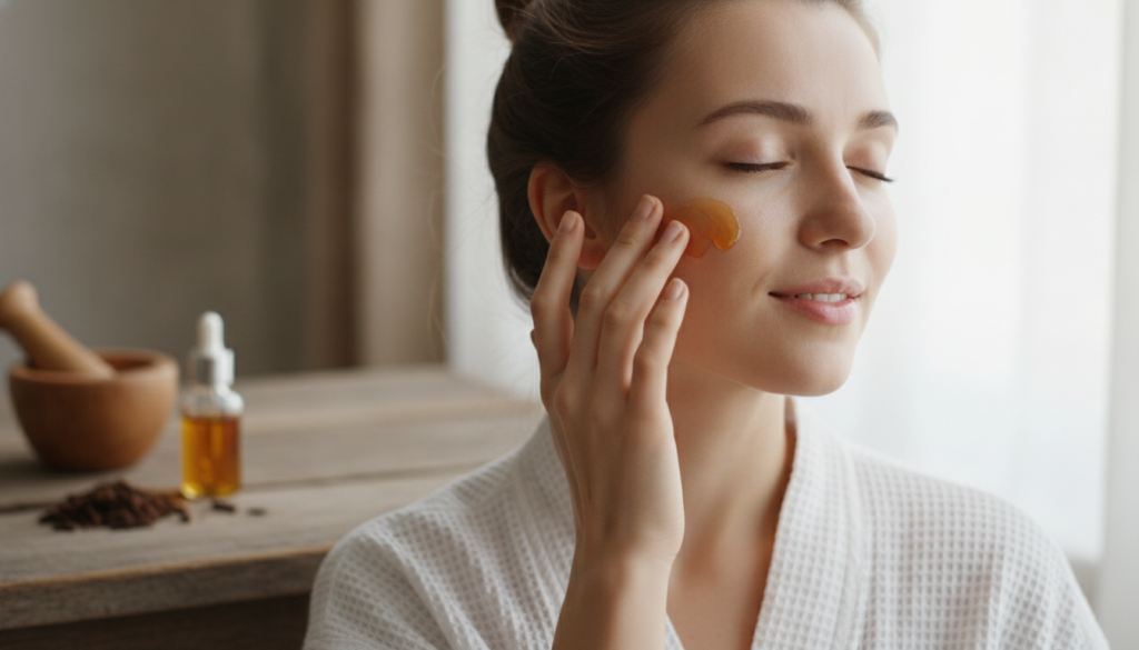 A woman gently massaging homemade clove beauty oil into her face for skin benefits