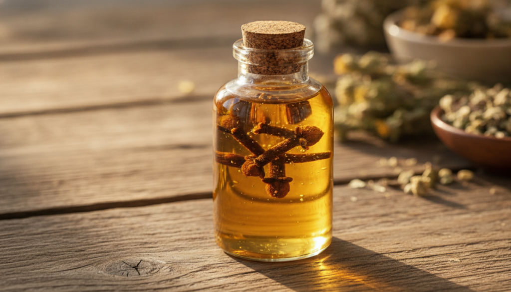 Clove buds infusing in a glass bottle with carrier oil on a wooden surface