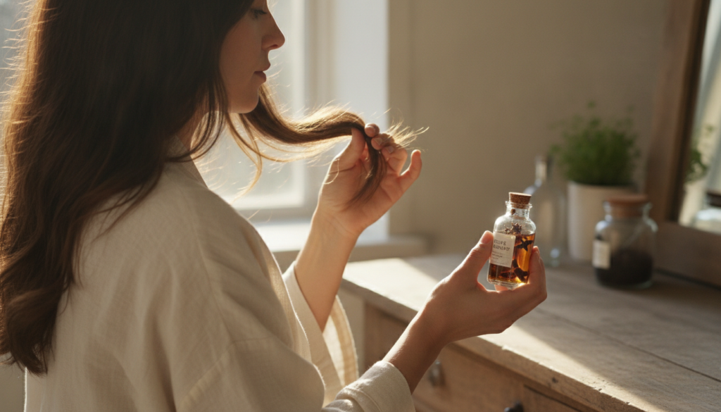 A woman applying the homemade clove beauty oil to her hair ends for shine and softness