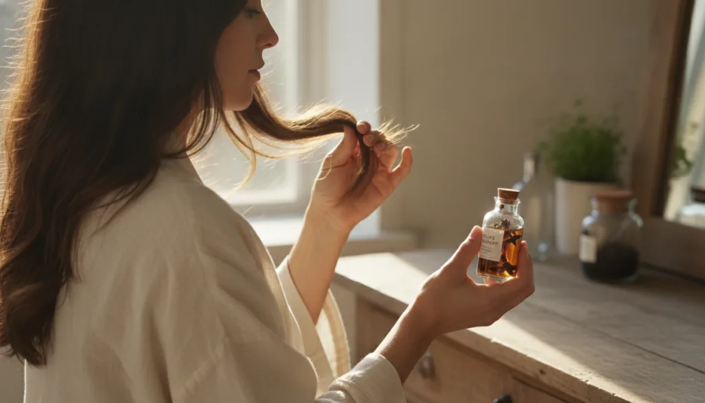 A woman applying the homemade clove beauty oil to her hair ends for shine and softness