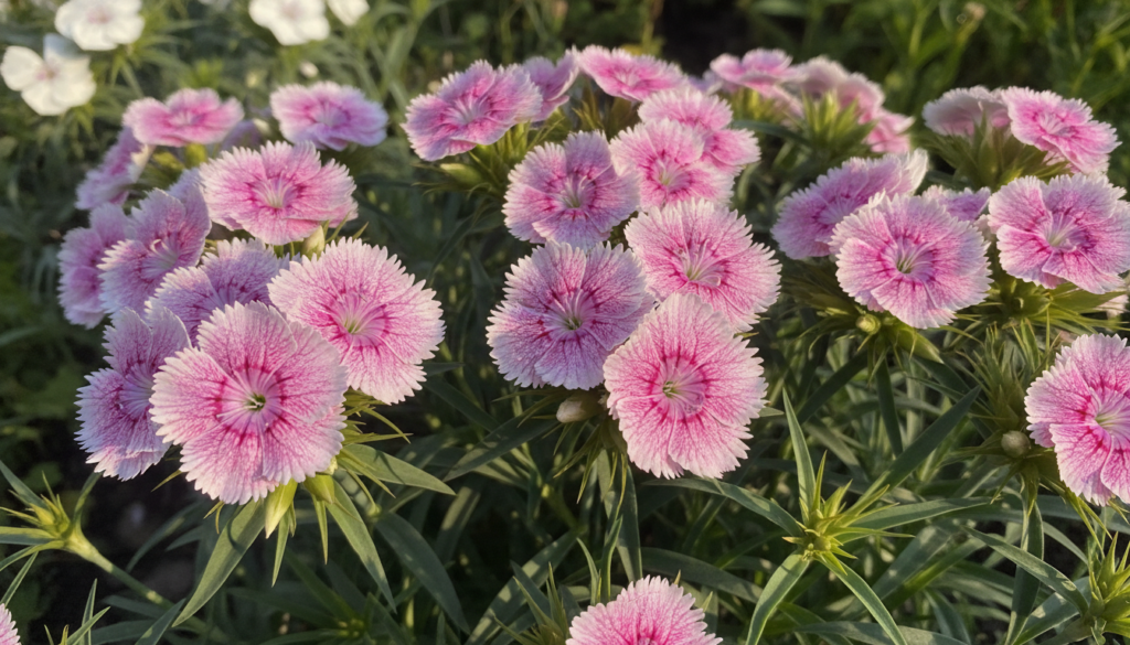 A close-up of vibrant pink and white Dianthus flowers with fringed petals surrounded by green foliage blooming under bri