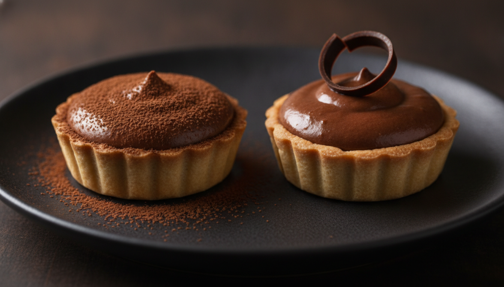 Mini tart shells filled with rich glossy chocolate mousse garnished with a dusting of cocoa powder and a small chocolate