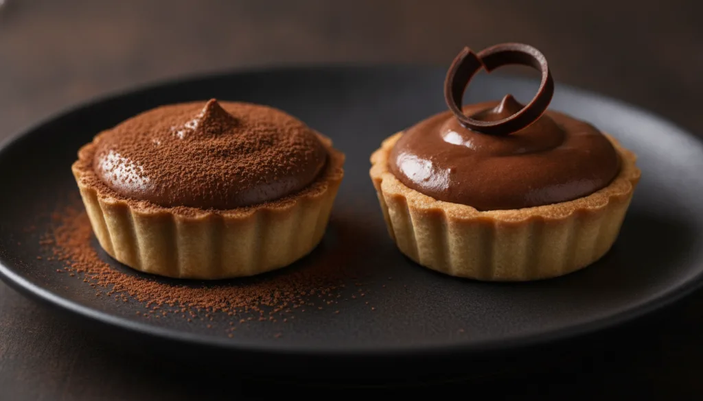 Mini tart shells filled with rich glossy chocolate mousse garnished with a dusting of cocoa powder and a small chocolate