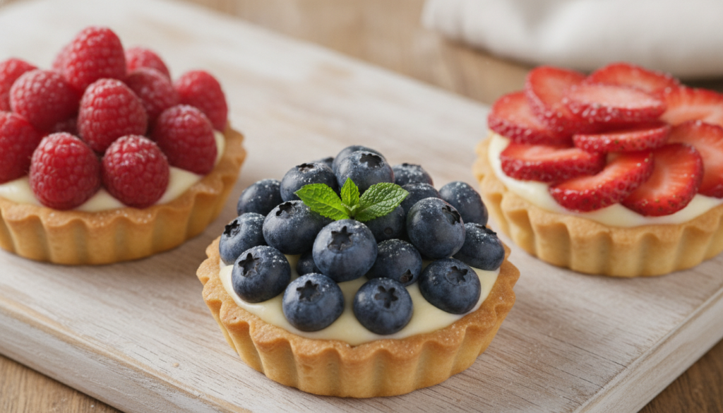 Mini tart shells filled with vanilla pastry cream and topped generously with fresh vibrant mixed berries raspberries blu
