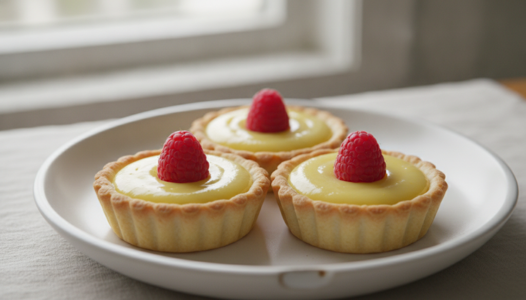 Bright yellow lemon curd filling in mini tart shells topped with a single fresh raspberry or a tiny swirl of meringue