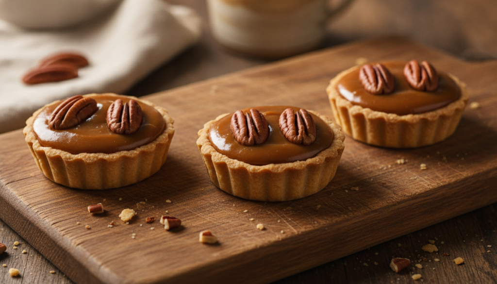 Mini tart shells filled with glossy amber caramel and crunchy pecan halves resembling miniature pecan pies