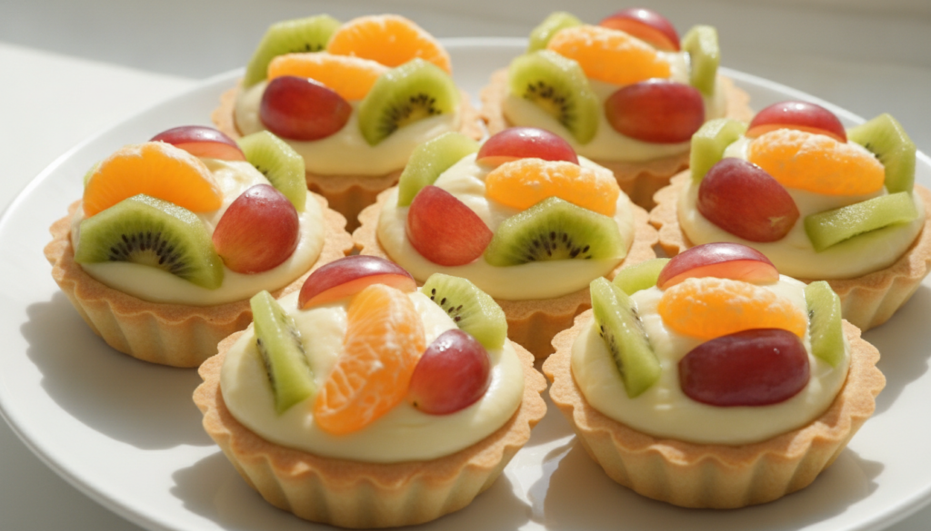 Mini tart shells filled with smooth vanilla pastry cream decorated with a colourful assortment of fresh fruits like kiwi