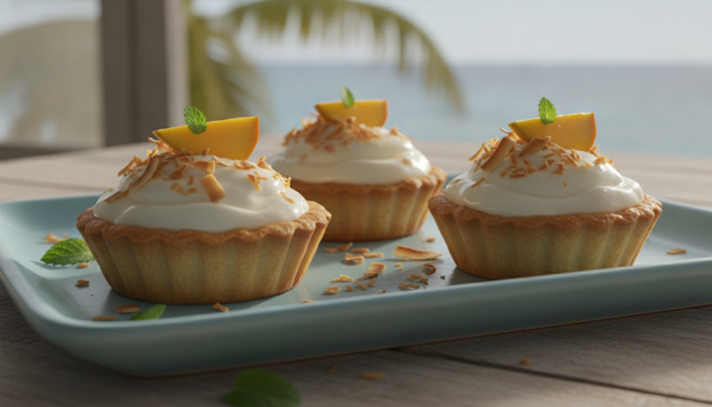 Mini tart shells filled with a creamy pale coconut filling garnished with toasted coconut flakes and a small slice of fr