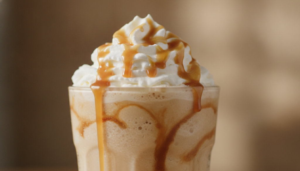 A close-up of a homemade Caramel Ribbon Crème Frappuccino in a clear glass topped with a generous swirl of whipped cream