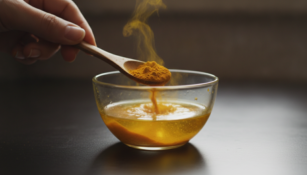 A hand mixing turmeric powder into a small bowl of baby oil with a wooden spoon