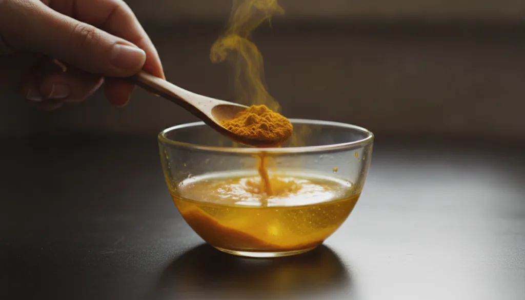 A hand mixing turmeric powder into a small bowl of baby oil with a wooden spoon