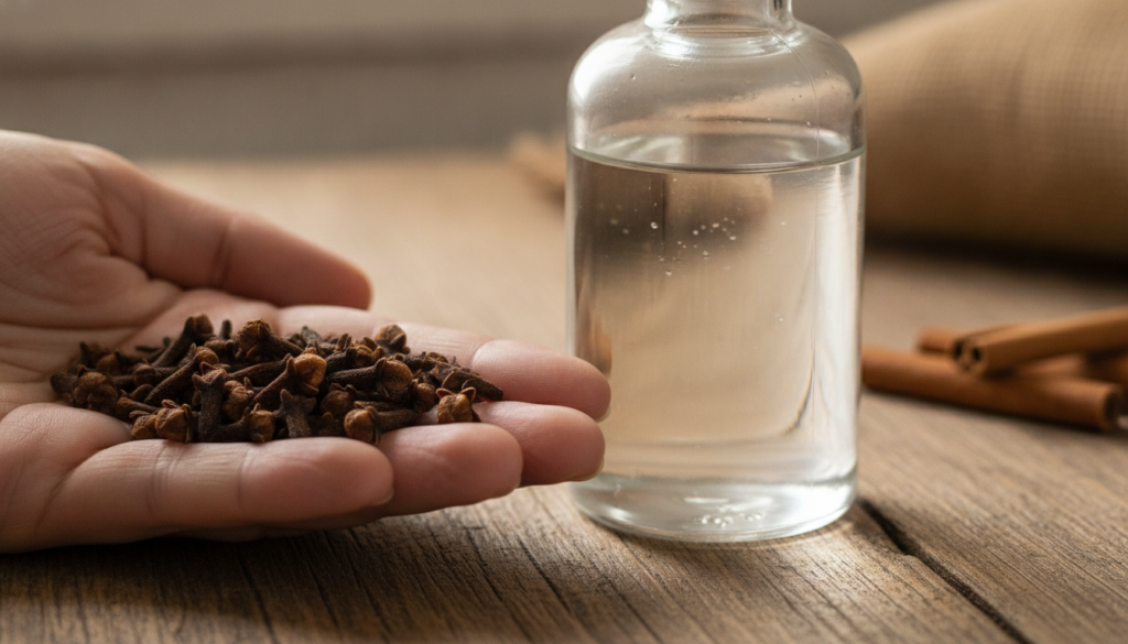 A close-up shot of dried whole cloves and a bottle of baby oil ready to be mixed for an infusion