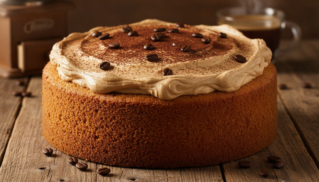 A whole coffee sponge cake with coffee buttercream garnished with a sprinkle of cocoa powder and a few coffee beans