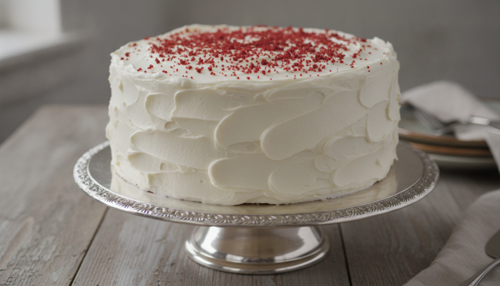 A beautifully frosted red velvet sponge cake topped with cream cheese frosting and a few red velvet crumbs