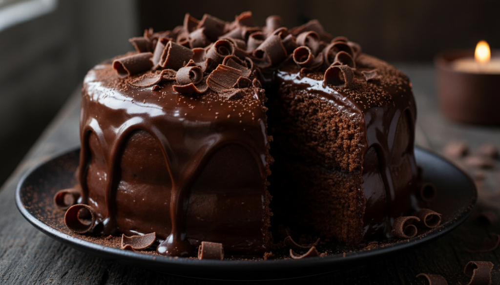 A decadent mocha sponge cake with chocolate ganache frosting garnished with chocolate shavings and a light dusting of co